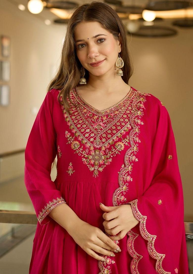 Pink Embroidered Viscose Kurta Set - Indya