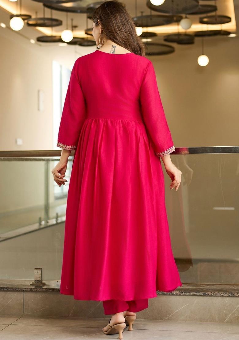 Pink Embroidered Viscose Kurta Set - Indya