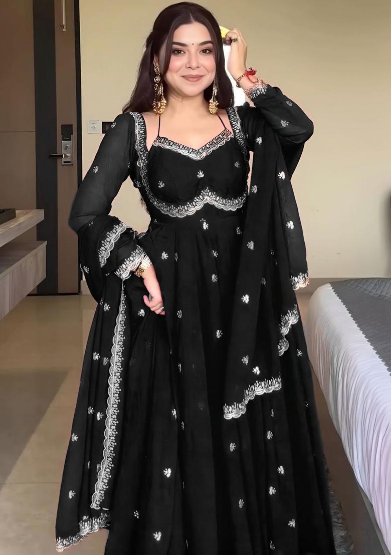 Black Embroidered Georgette Kurta Set - Indya