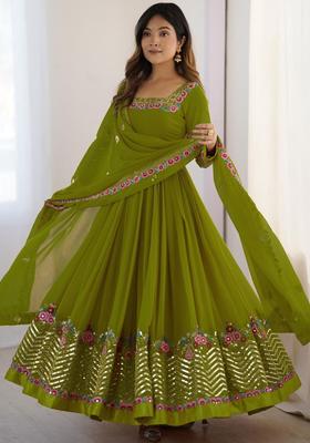 Lime Green Embroidered Georgette Kurta Set