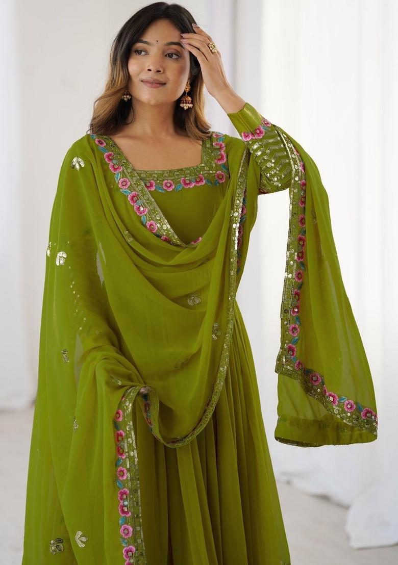Lime Green Embroidered Georgette Kurta Set - Indya