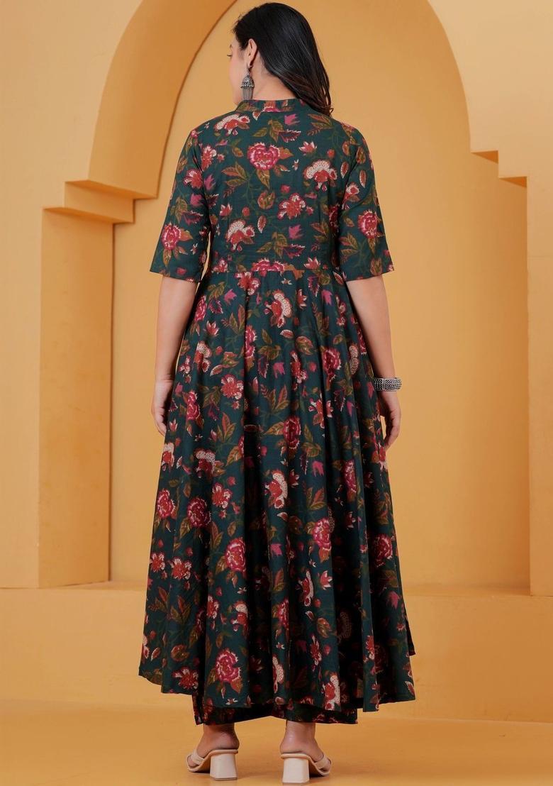 Green Printed Cotton Kurta Set - Indya
