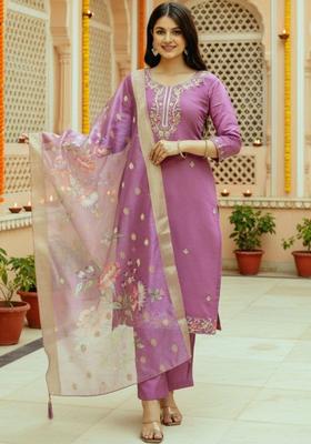 Purple Embroidered Silk Kurta Set