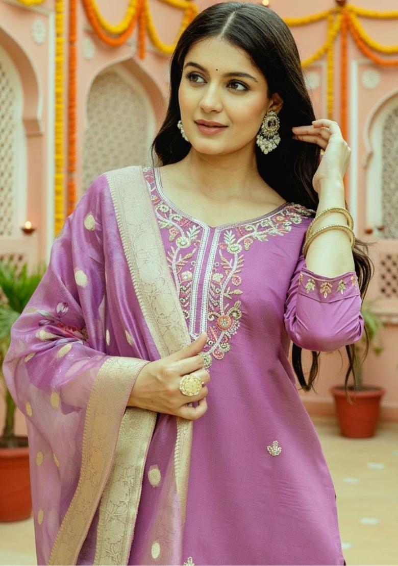 Purple Embroidered Silk Kurta Set - Indya