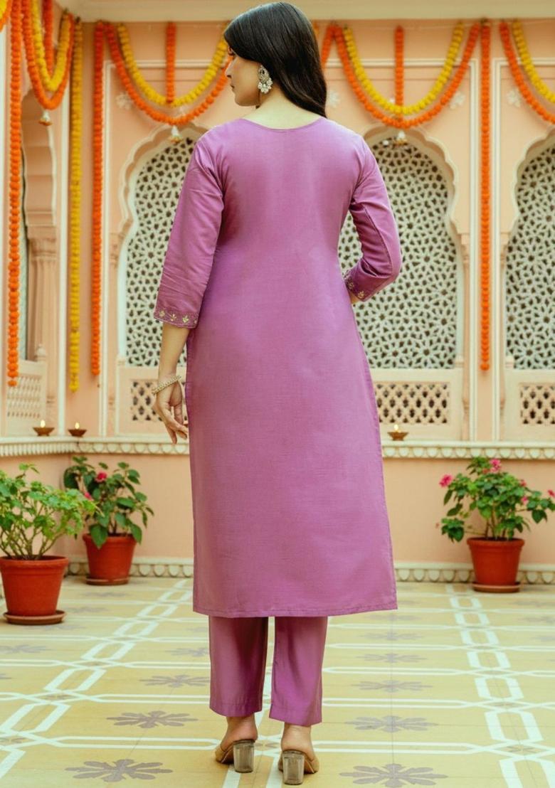 Purple Embroidered Silk Kurta Set - Indya