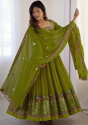 Olive Embroidered Georgette Kurta Set