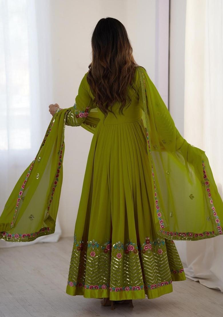 Olive Embroidered Georgette Kurta Set - Indya