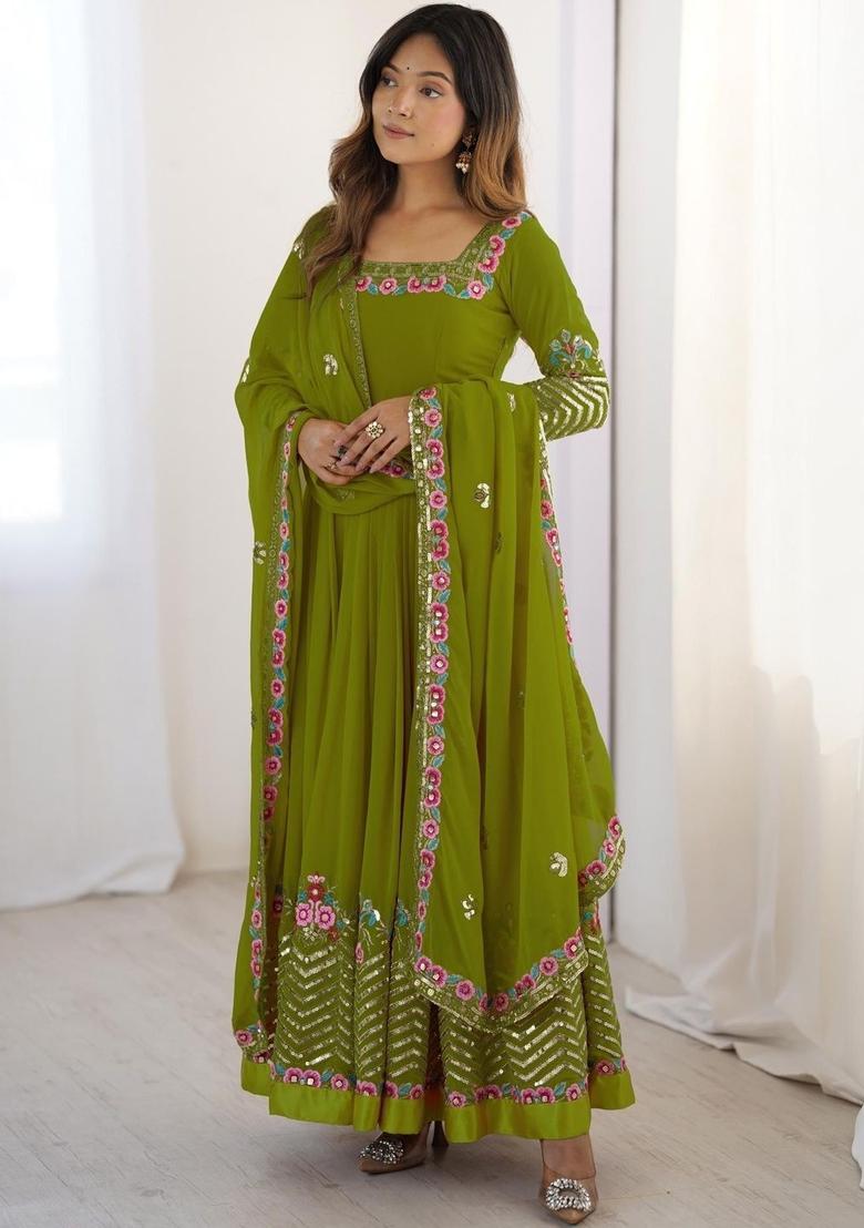 Olive Embroidered Georgette Kurta Set - Indya