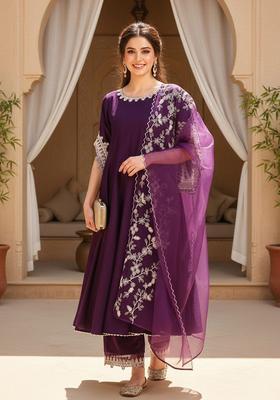 Purple Solid Silk Blend Kurta Set