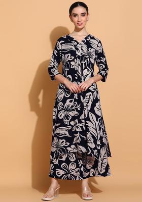 Navy Blue Printed Viscose Kurta Set