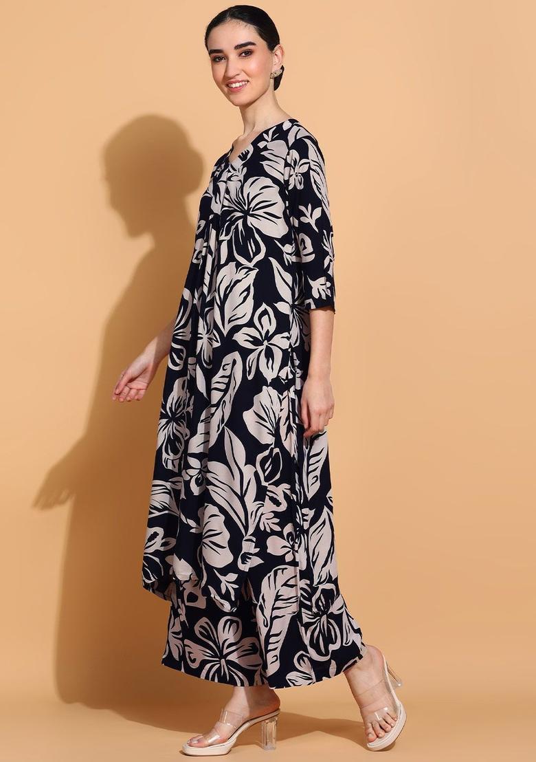 Navy Blue Printed Viscose Kurta Set - Indya