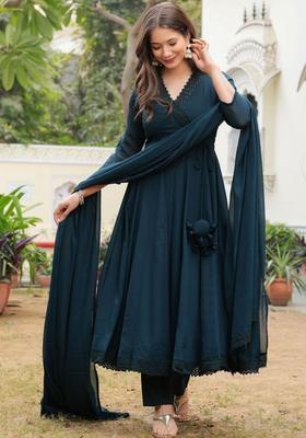 Teal Solid Georgette Kurta Set