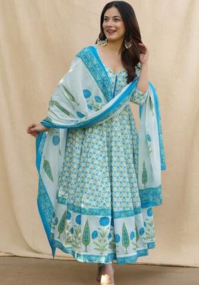 Green Printed Cotton Anarkali Set