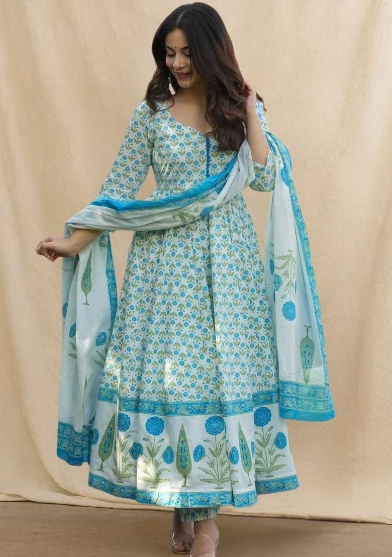 Green Printed Cotton Anarkali Set - Indya