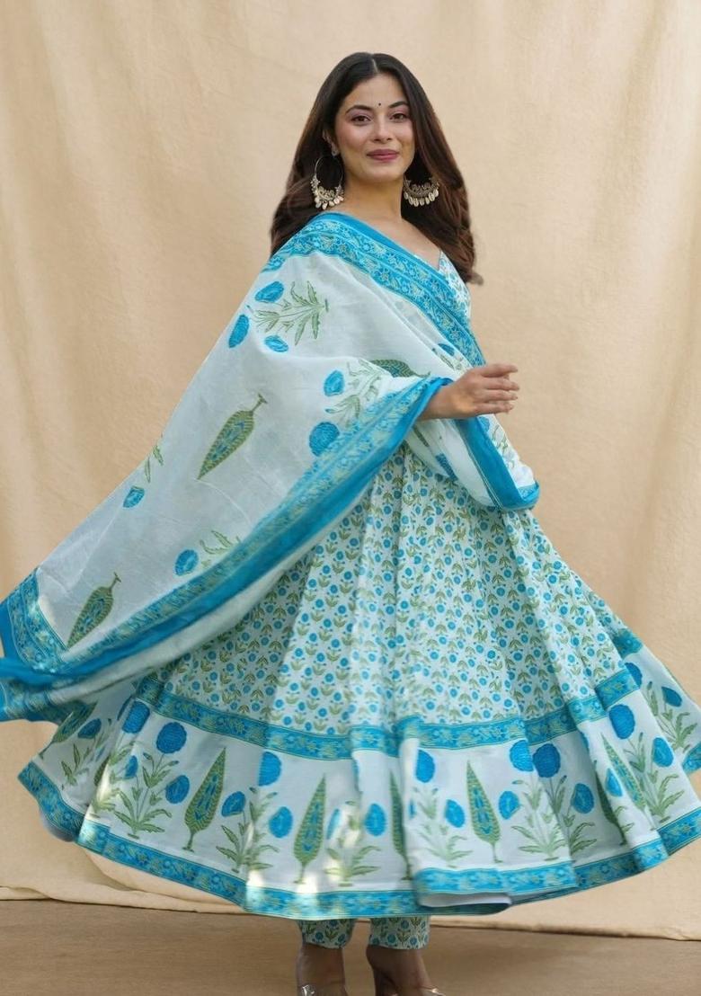 Green Printed Cotton Anarkali Set - Indya