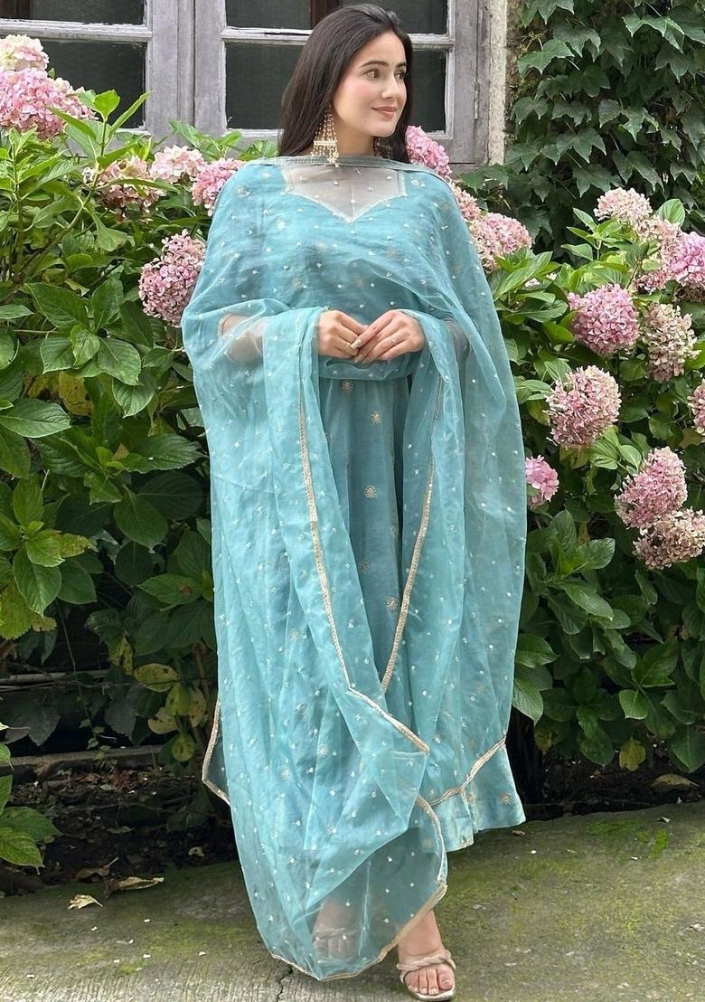 Turquoise Blue Embroidered Silk Kurta Set - Indya