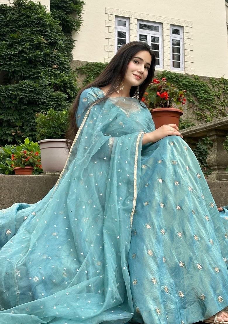 Turquoise Blue Embroidered Silk Kurta Set - Indya