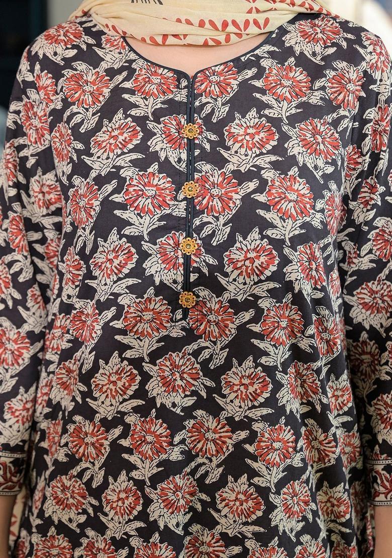 Black Printed Cotton Kurta Set - Indya