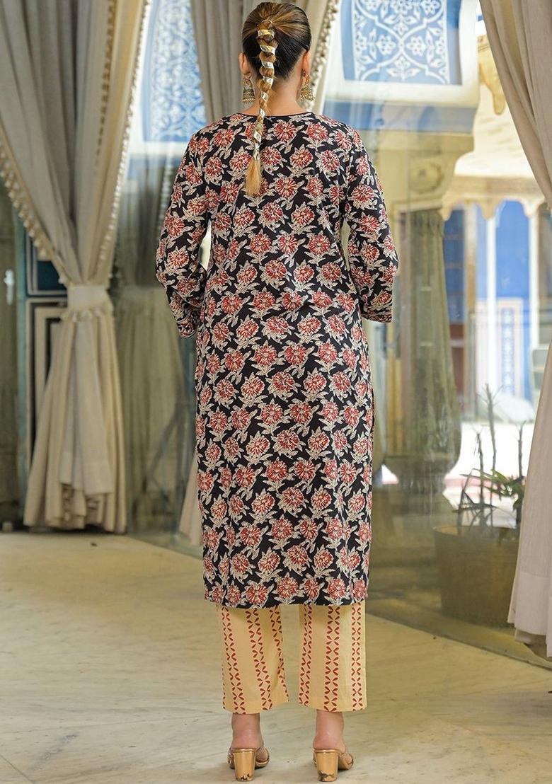 Black Printed Cotton Kurta Set - Indya