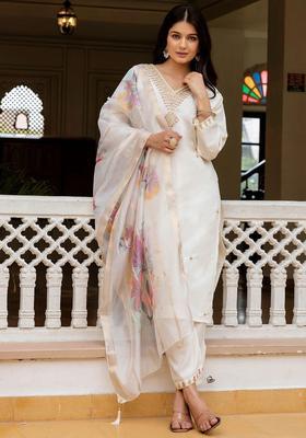 White Printed Viscose Kurta Set
