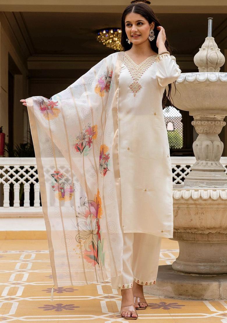 White Printed Viscose Kurta Set - Indya