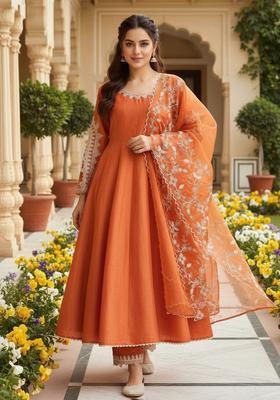 Orange Embroidered Silk Anarkali Set
