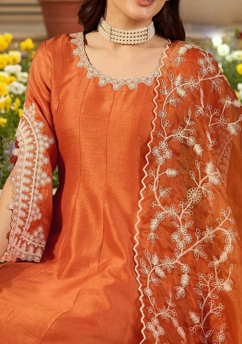 Orange Embroidered Silk Anarkali Set - Indya