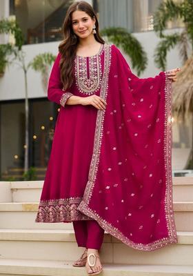 Magenta Embroidered Silk Kurta Set