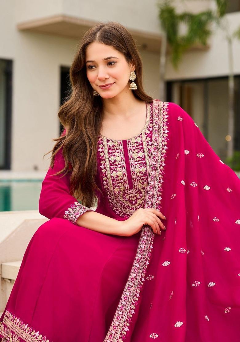 Magenta Embroidered Silk Kurta Set - Indya