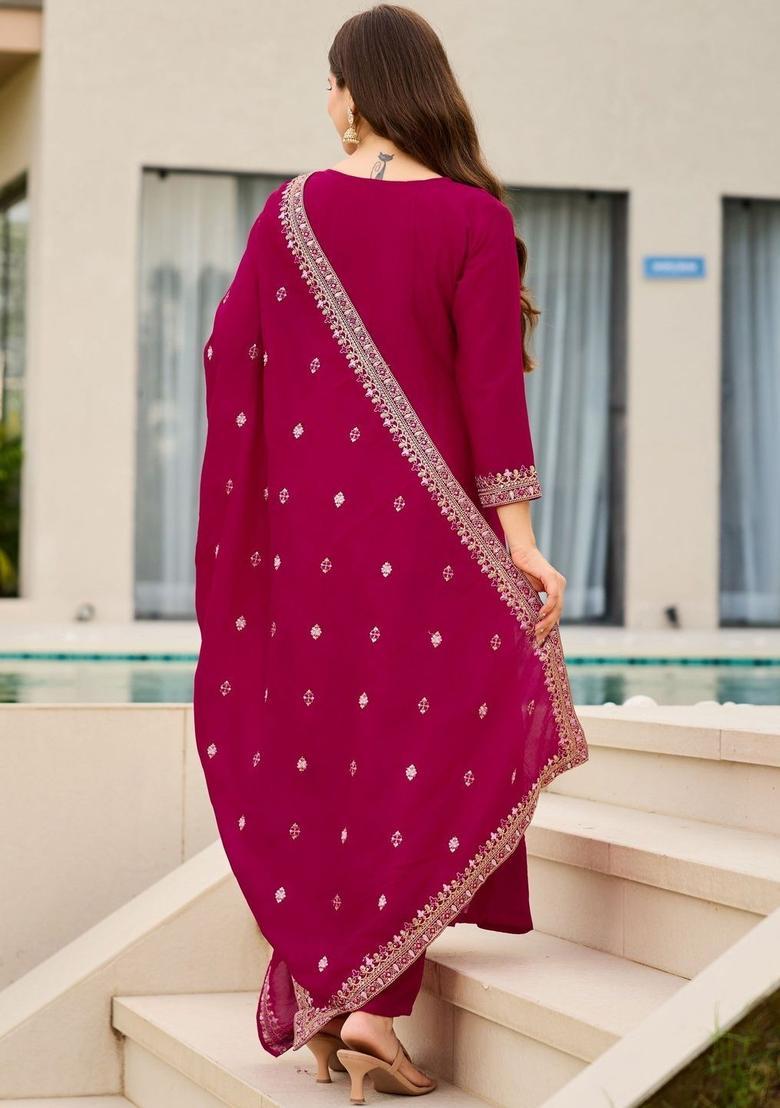 Magenta Embroidered Silk Kurta Set - Indya