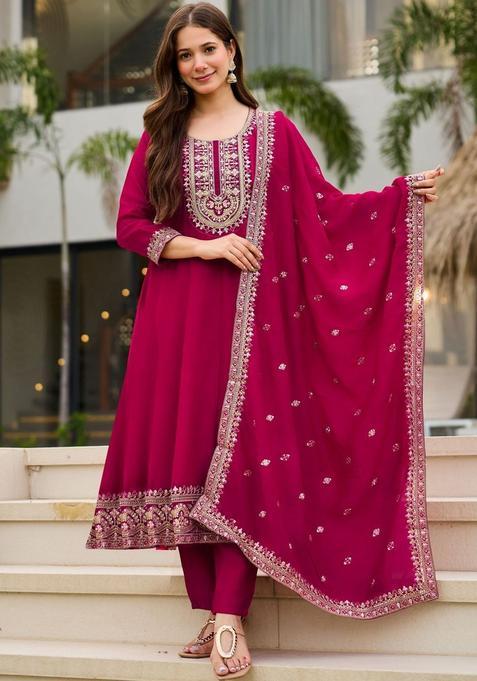 Magenta Embroidered Silk Kurta Set
