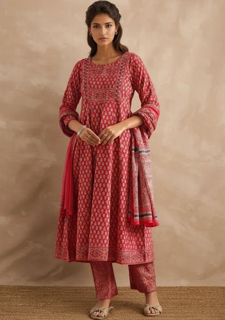 Red Printed Cotton Anarkali Set - Indya