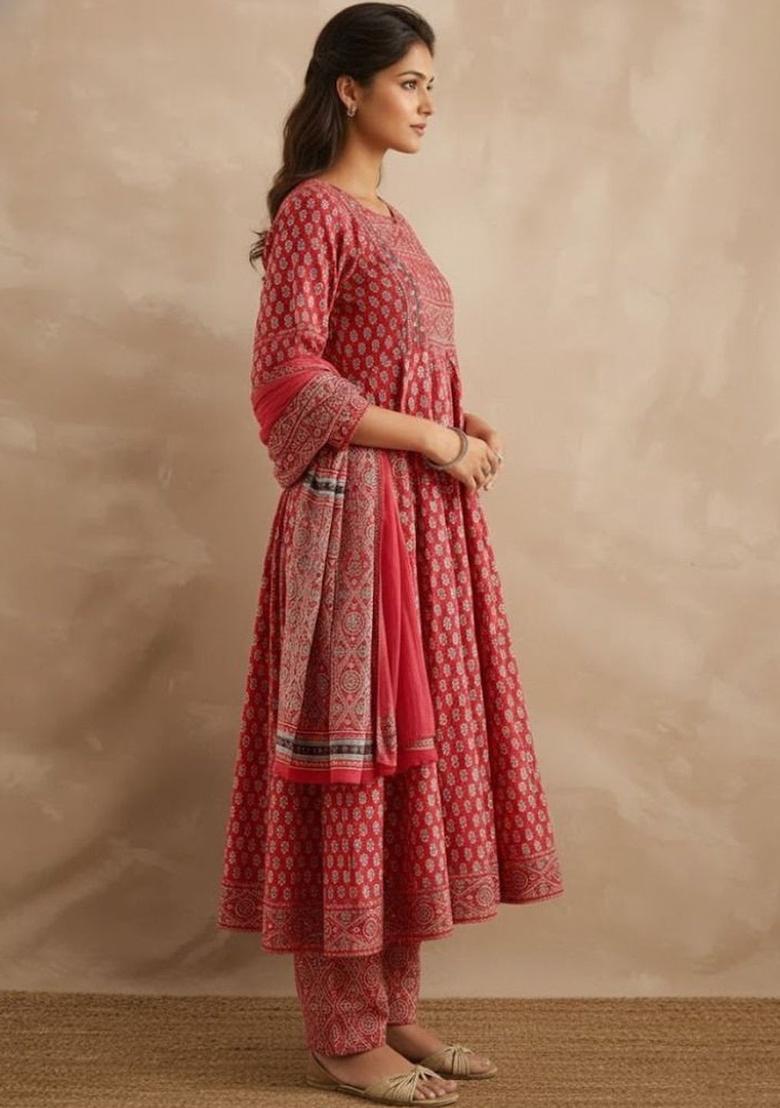 Red Printed Cotton Anarkali Set - Indya