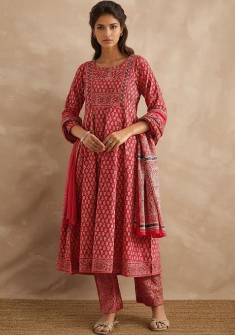 Red Printed Cotton Anarkali Set — view on Indya