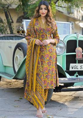 Yellow Printed Cotton Kurta Set