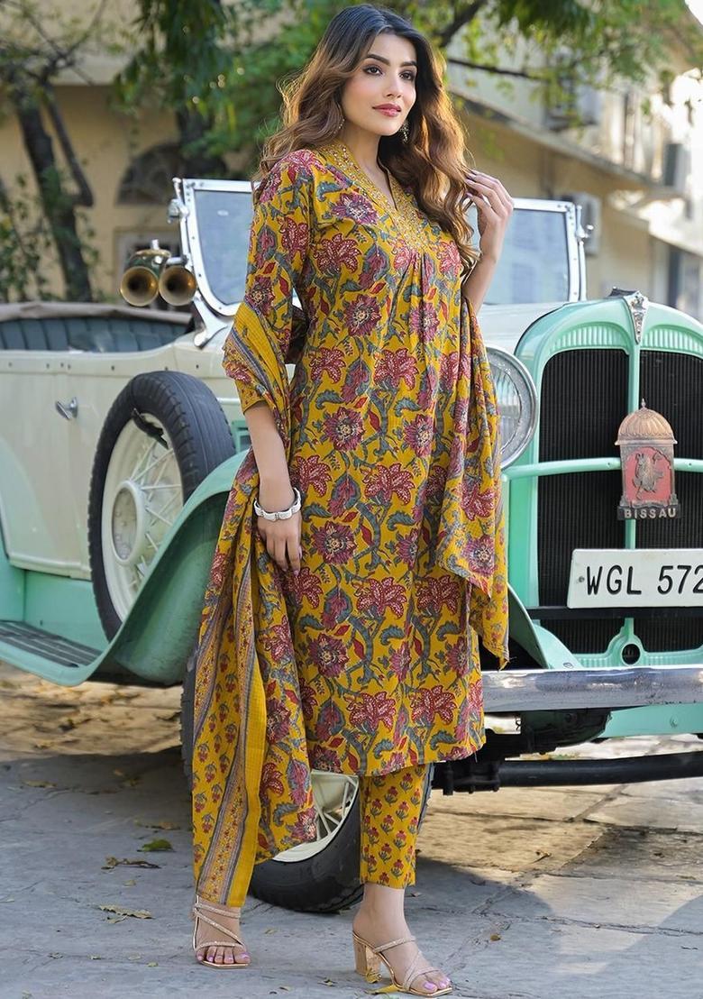 Yellow Printed Cotton Kurta Set - Indya