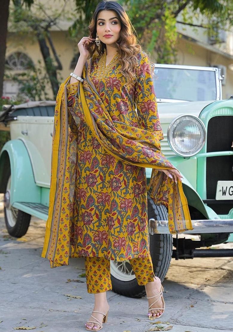 Yellow Printed Cotton Kurta Set - Indya