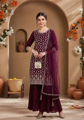Burgundy Embroidered Silk Blend Kurta Set