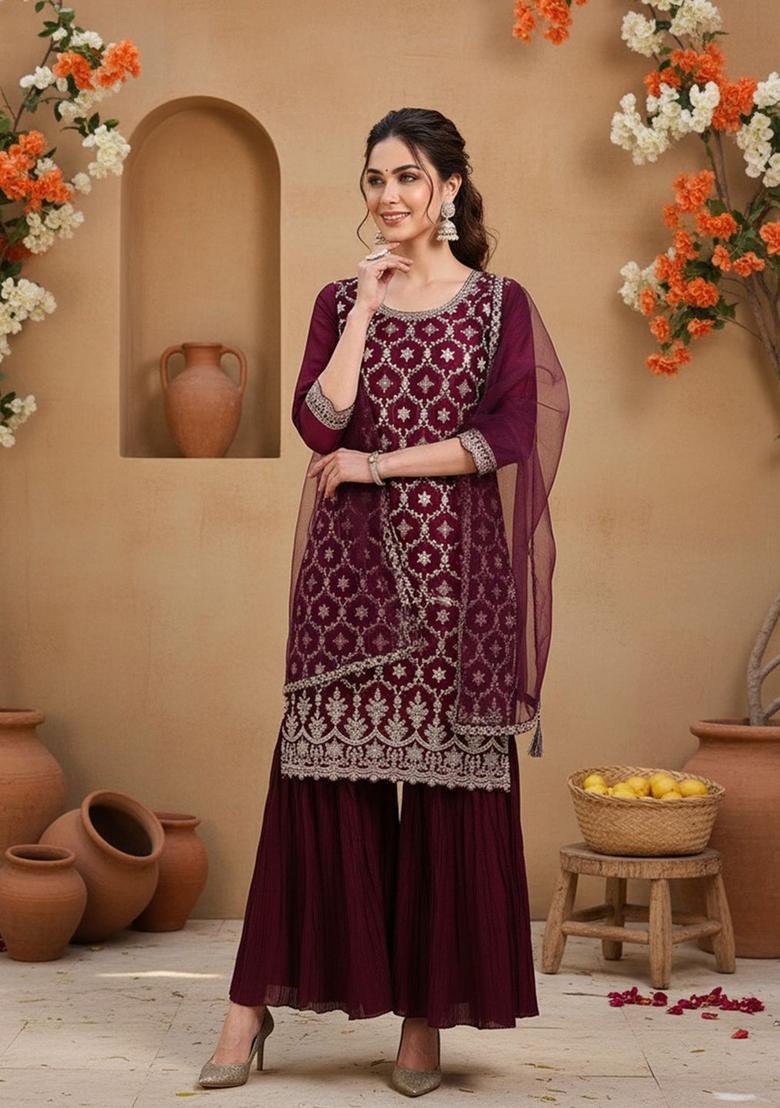Burgundy Embroidered Silk Kurta Set - Indya