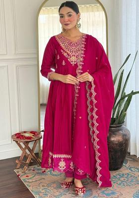 Pink Embroidered Silk Anarkali Set
