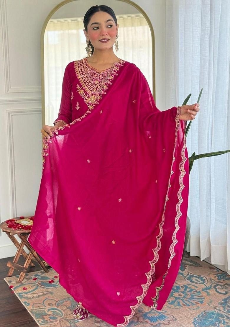 Pink Embroidered Silk Anarkali Set - Indya