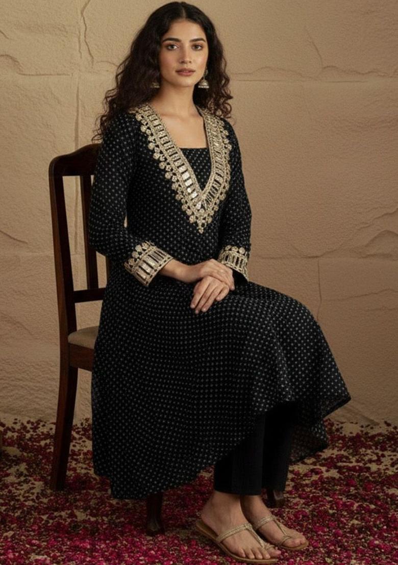 Black Printed Georgette Kurta Set - Indya