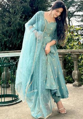 Turquoise Blue Embroidered Silk Blend Kurta Set