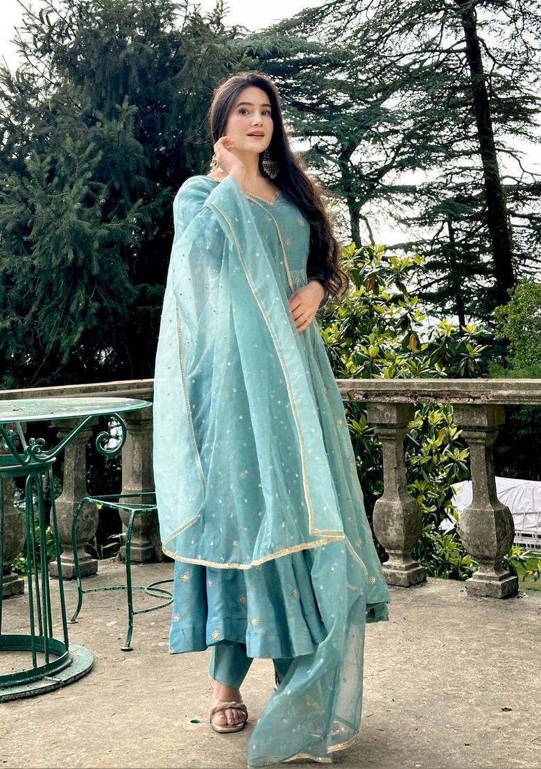 Turquoise Blue Embroidered Silk Kurta Set - Indya
