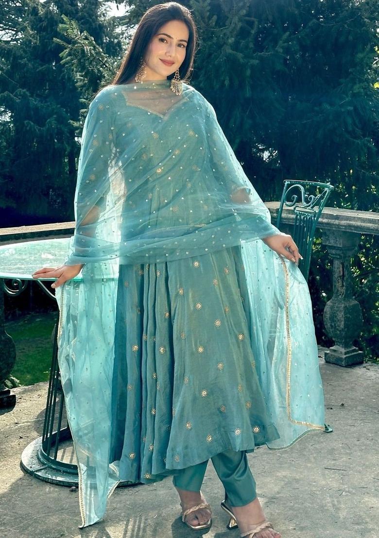 Turquoise Blue Embroidered Silk Kurta Set - Indya