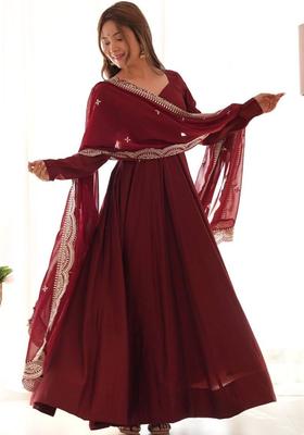 Maroon Solid Silk Kurta Set