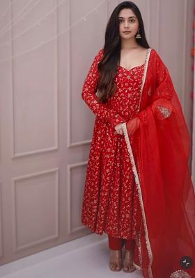 Red Embroidered Georgette Kurta Set
