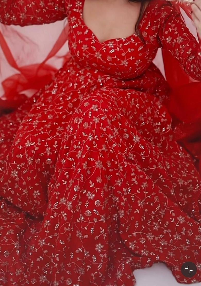 Red Embroidered Georgette Kurta Set - Indya