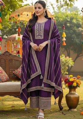 Purple Embroidered Silk Kurta Set