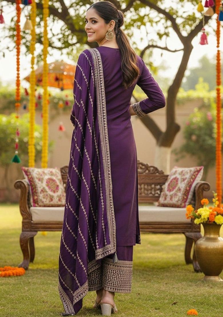 Purple Embroidered Silk Kurta Set - Indya